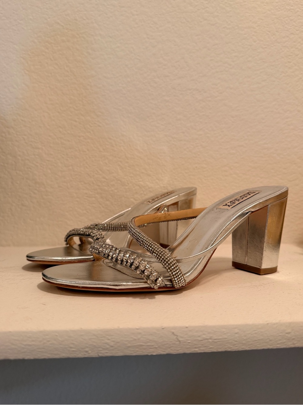 Badgley Mischka Silver Rhinestone Block-Heel Mules